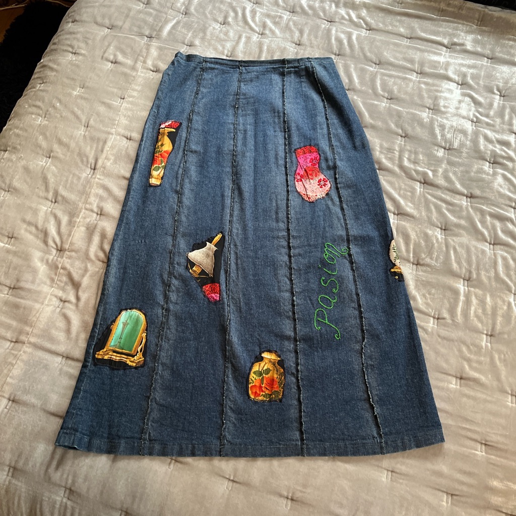Y2k Stretch Denim Long Skirt Size M With Embroidered Details All Over.